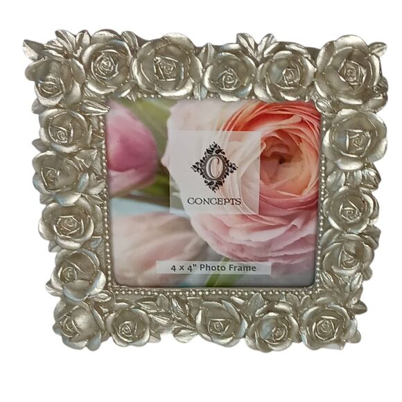 Square Silver Floral Roses Tabletop Frame By Concepts 5.5x5.5 Photo Size 4x4 - Picture 2 of 13